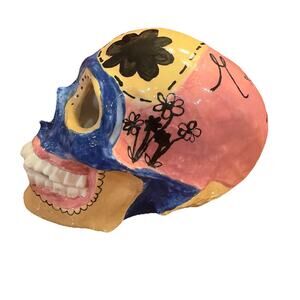Vintage Hand Painted Skull Signed By Artist Maggie 2012, Color Block, Floral,